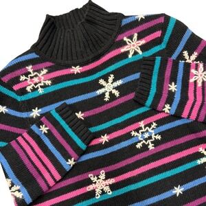 Christopher & Banks Y2K Black Striped Snowflake Turtleneck Sweater Women's Small